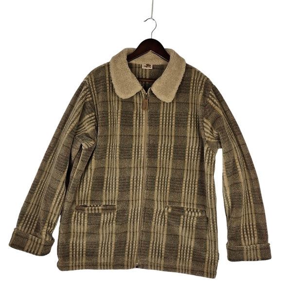 Woolrich L Sherpa Jacket Shaket Brown Blue Plaid Full Zip Front - Picture 1 of 13